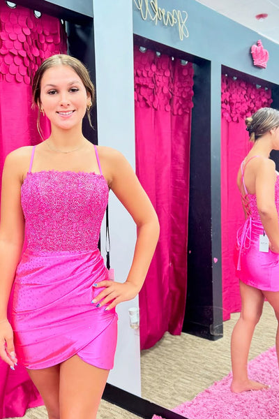 Fuchsia Satin Tight Corcet Short Homecoming Dresses with Beadings VK25091706