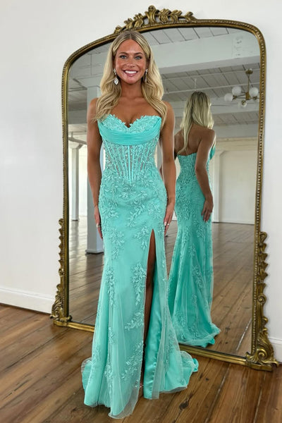 Mermaid Strapless Sweetheart Yellow Corset Appliques Long Prom Dresses with Slit VK26012904