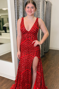 Glitter Mermaid V Neck Red Sequins Long Prom Dresses with Slit VK021205