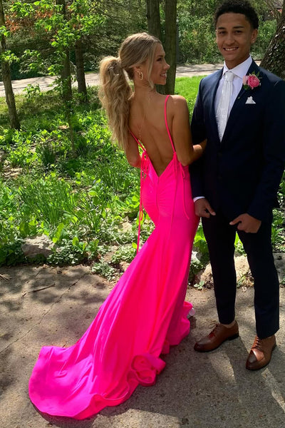 Gorgeous Mermaid V Neck Pink Satin Prom Dress with Slit VK25060504