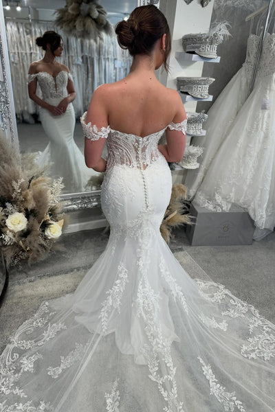 Gorgeous Off the Shoulder Mermaid Sequins Lace Wedding Dress with Appliques VK022810