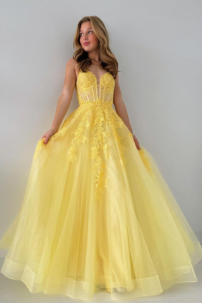 A-Line V Neck Yellow Tulle Lace Long Prom Dresses VK24011705