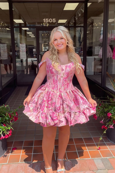 Cute A Line Off the Shoulder Lavender Jacquard Satin Short Homecoming Dress VK25081201