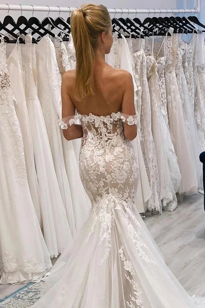 Boho Mermaid Off the Shoulder Tulle Wedding Dresses with Appliques VK24110702