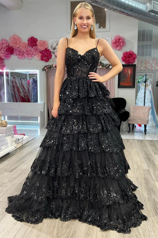 Black Tulle Sequin Tiered Long Gown with Spaghetti Straps VK23101104
