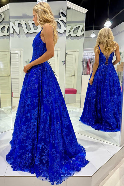 Royal Blue Sequin Lace V-Neck A-Line Long Prom Dress VK23112107