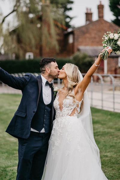 Boho A Line V Neck Tulle Wedding Dresses with Appliques VK25051403