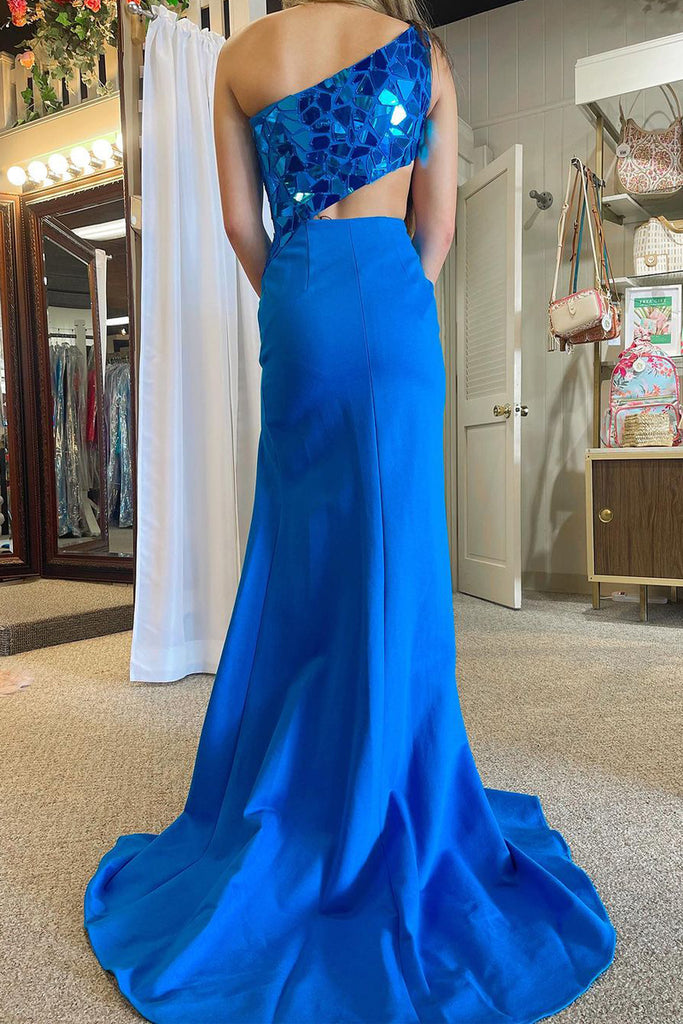 Blue One Shoulder Mirror Long Prom Dresses with Cutout VK23090803 Vickidress Blue One Shoulder Mirror Long Prom Dresses with Cutout VK23090803 Vickidress