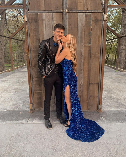 Cute Mermaid Sweetheart Royal Blue Sequins Long Prom Dresses with Slit VK23051705