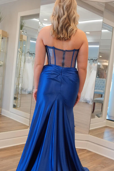 Mermaid Strapless Navy Blue Satin Long Prom Dresses VK24012805