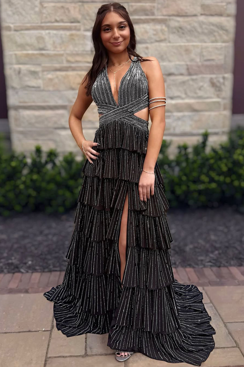 Cute A Line V Neck Black Tiered Long Prom Dress with Hot Stone Beading VK25052703