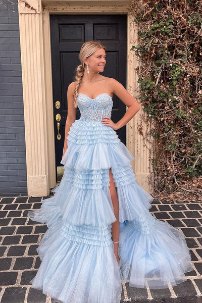 Blue Strapless Ruffle Tiered Tulle Long Prom Dresses with Appliques VK24051705