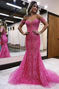 Hot Pink Off the Shoulder Sequin Lace Long Mermaid Prom Dress VK23100403