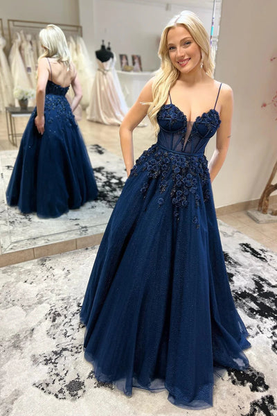 Navy Blue Straps Plunging V Floral Beaded Long Prom Dress VK23102705