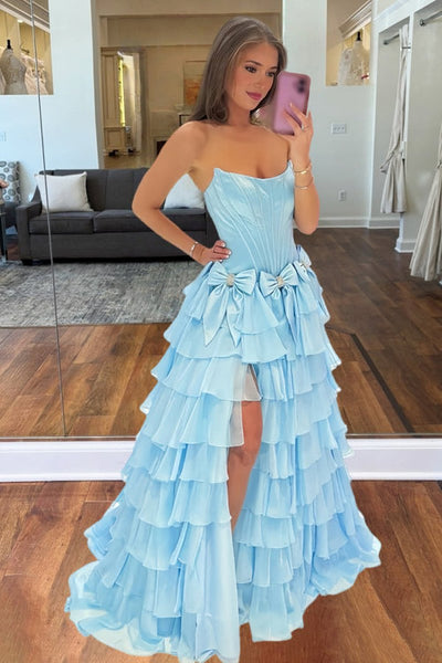 Stunning A-Line Strapless Blue Bow Ruffle Tiered Long Prom Dresses with Slit VK26011309