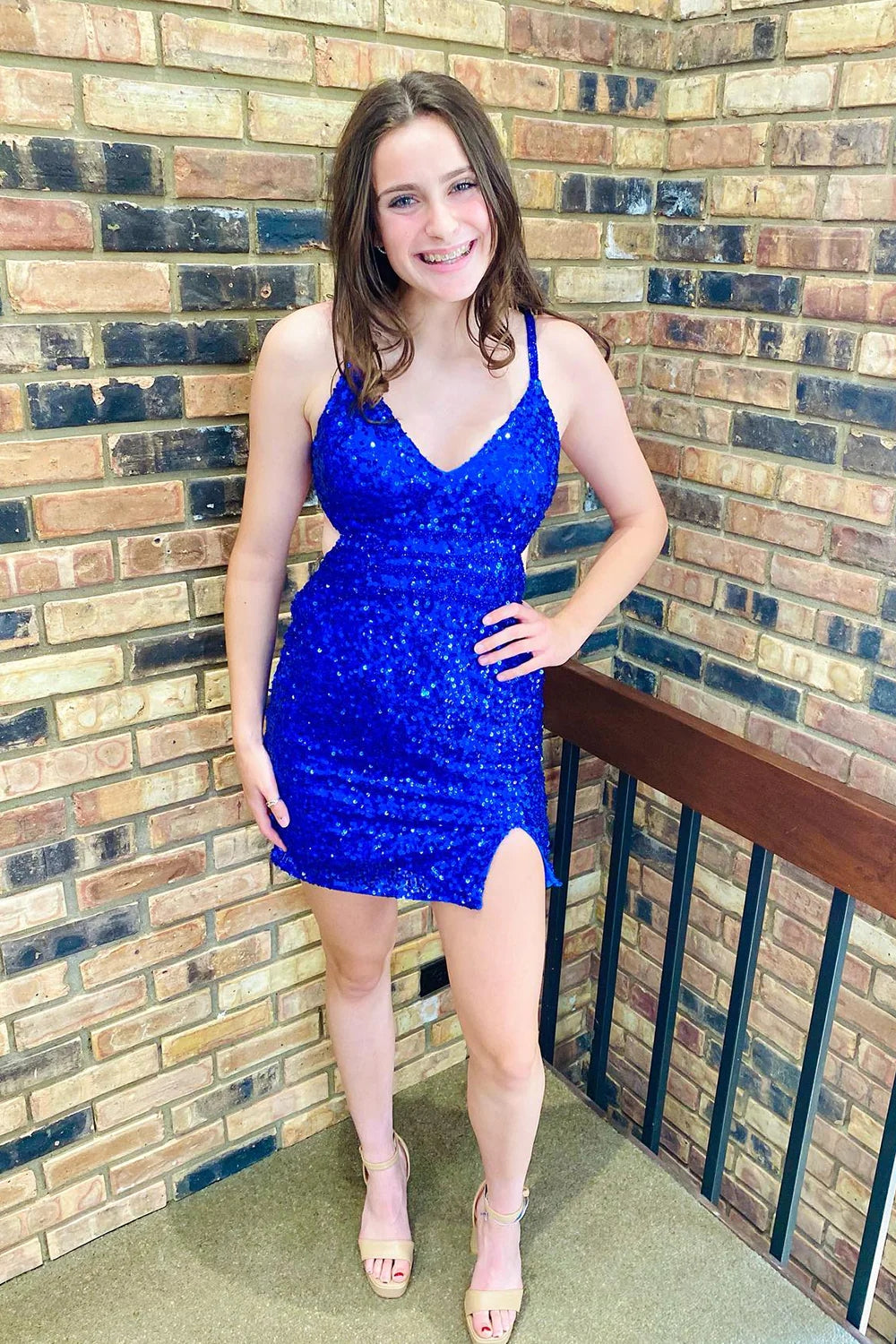 Sparkly Royal Blue Criss-Cross Straps Back Tight Short Sequins Homecoming Dress VK23082604