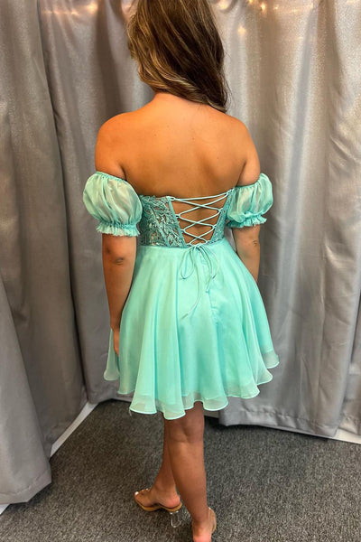 Cute A-Line Sweetheart Mint Chiffon Short Homecoming Dresses with Sleeve VK23081001