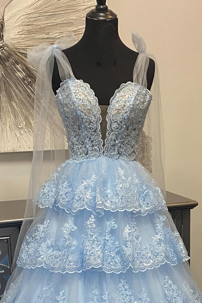 Light Blue Tulle Appliques Tying Strap Ruffle Tiered Long Prom Dress VK23122108