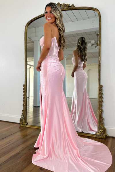 Gorgeous Mermaid Strapless Royal Blue Corset Beaded Prom Dresses with Slit VK26020508