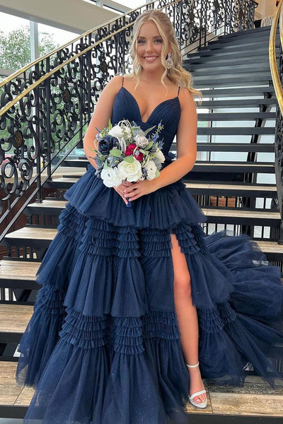 Attractive A-Line Navy Blue Ruffle Tiered Long Prom Dresses with Slit VK24050804
