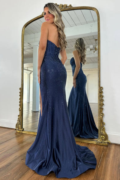 Sparkly Scoop Neck Navy Satin Long Prom Dress with Hot Stone VK16020603