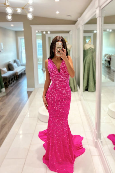 Dazzling Mermaid V Neck Fuchsia Satin Beads Long Prom Dress VK26022307