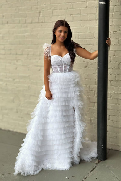 A-Line Sweetheart White Ruffle Tiered Tulle Long Prom Dress Homecoming Dresses with Slit VK25091708