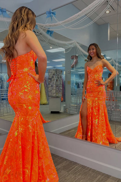 Mermaid V Neck Orange Sequins Lace Long Prom Dress VK071704