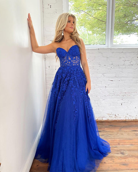 Cute A Line Sweetheart Royal Blue Tulle Long Prom Dresses with Appliques VK23060901