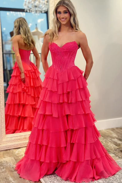 Cute A Line V Neck Hot Pink Chiffon Tiered Long Prom Dress with Slit VK26030802