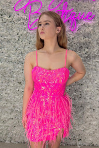 Hot Pink Sequins Lace Tight Homecoming Dresses with Fringe VK23081307