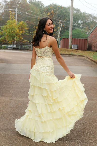Cute Scoop Neck Daffodial Tiered Chiffon Prom Dress