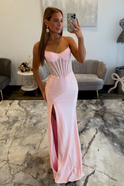 Stunning Mermaid Scoop Neck Pink Hot Fix Satin Prom Dress with Slit VK16012905