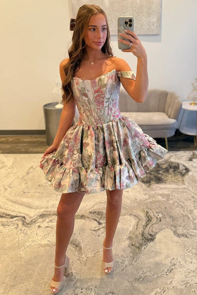 Lovely A-Line Off the Shoulder Pink Floral Printed Short Homecoming Dresses VK25092607
