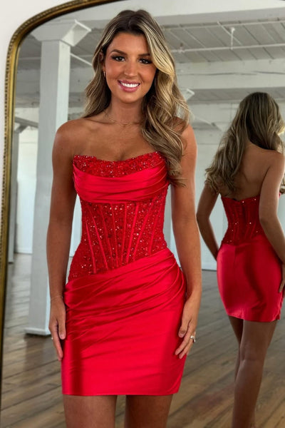 Bodycon Strapless Light Blue Satin Short Homecoming Dress with Appliques Beads VK25092501