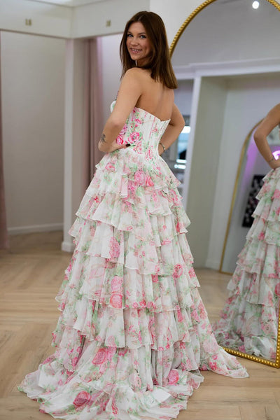 Cute A Line Strapless Blue Floral Satin Prom Dress with Beading