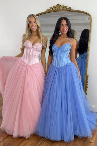 Lovely A-Line V Neck Pink Tulle Long Prom Gown Dress with Appliques VK26102604