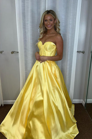 Yellow Sweetheart Satin Long A-Line Prom Dresses VK24020503
