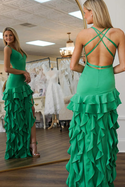 Cute Sheath V Neck Green Satin Ruffeld Prom Dress with Slit VK25030103