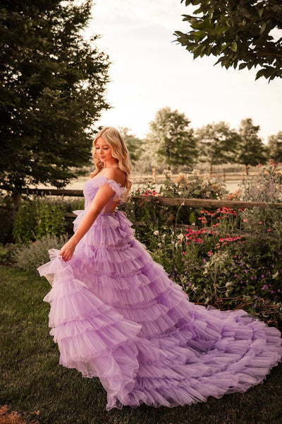 Cute Fairy Off the Shoulder Lilac Tiered Tulle Slit Prom Dresses