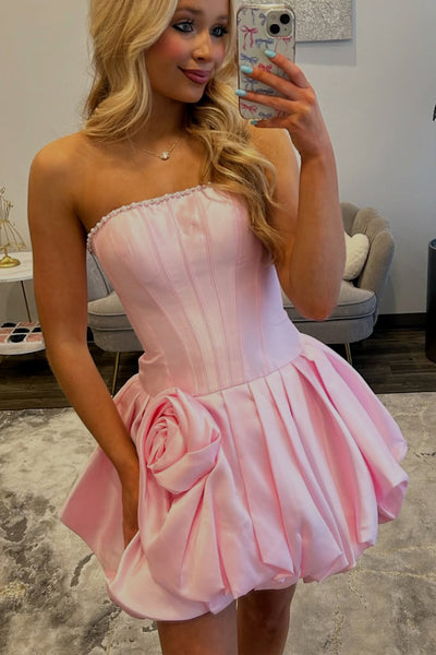 A Line Strapless Pink Satin Short Homecoming Dress with Beading AB26073008