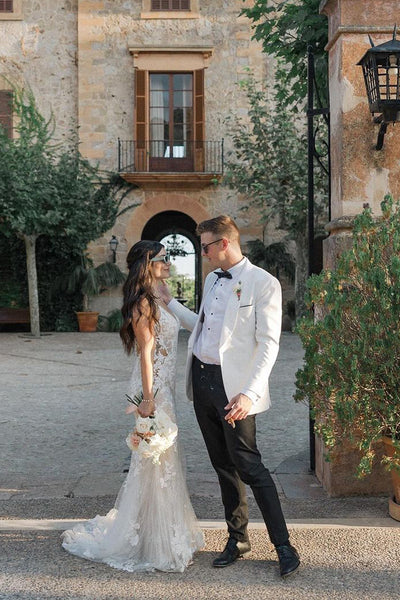 Mermaid V Neck Tulle Lace Wedding Dresses VK24011006