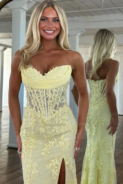 Mermaid Strapless Sweetheart Yellow Corset Appliques Long Prom Dresses with Slit VK26012904