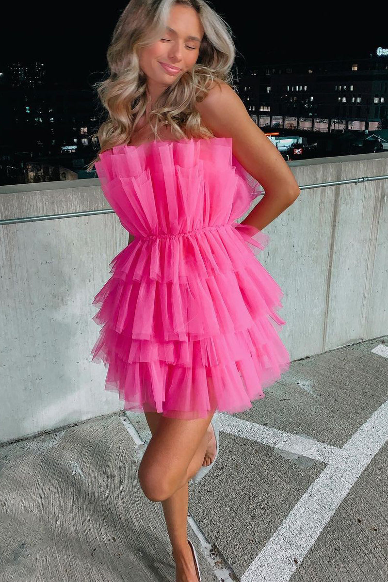Cute A-Line Strapless Pink Tulle Short Prom Dresses Homecoming Dresses Formal Party Dresses VK23011502