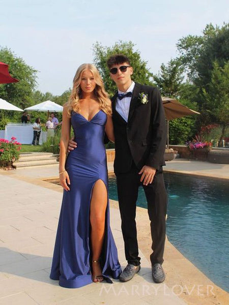 Mermaid V Neck Navy Stretch Satin Prom Dress with Slit VK16020605