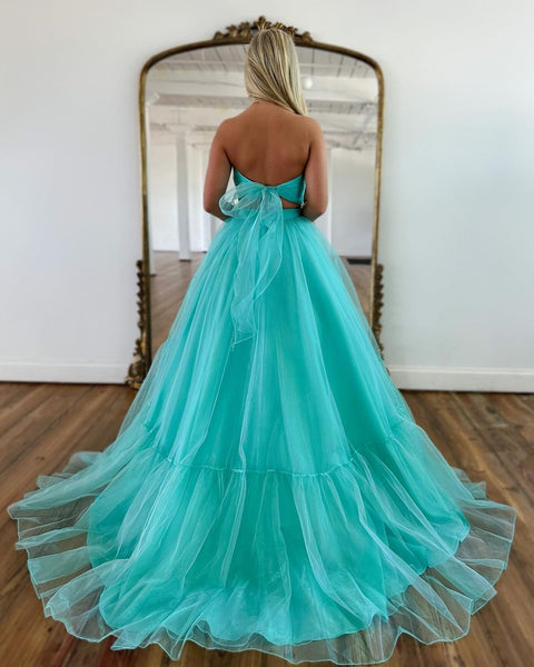 Cute Ball Gown V Neck Mint Long Prom Dresses VK23050603