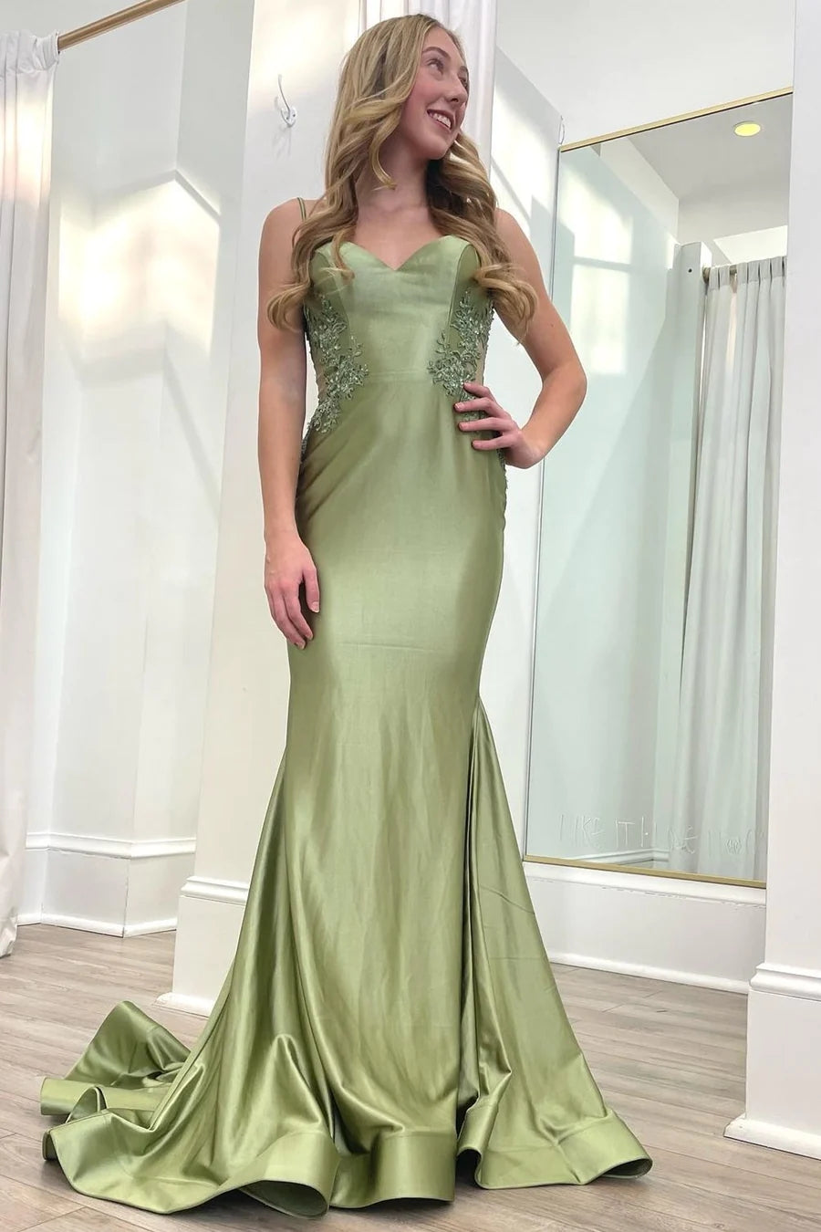 Sage Green Spaghetti Strap Backless Trumpet Long Gown VK24010601