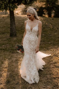 Charming Mermaid V Neck Tulle Wedding Dresses with Appliques VK23090801