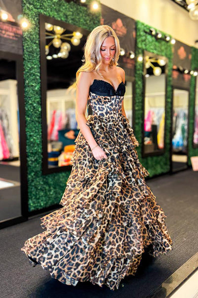 Gorgeous A Line Sweetheart Leopard Chiffon Long Prom Dress with Slit VK030503