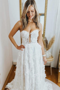 A-Line Sweetheart White Lace Wedding Dresses with Straps VK23100801